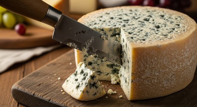 Artisanal blue cheese wheel being cut with a knife on a wooden board preparation delicacy