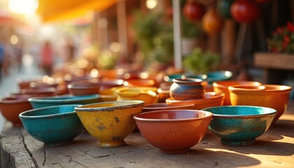 Colorful handcrafted ceramic bowls arranged on wooden table under warm sunlight in vibrant market setting. Pottery items feature rustic style, artisanal craftsmanship, unique artistry. Perfect for
