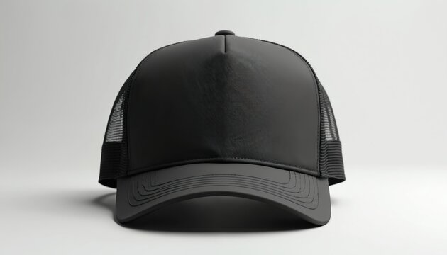 Blank black trucker hat ready for customization. Features classic mesh back for breathability, solid front panel perfect for printing logos designs. Versatile apparel accessory for advertising,