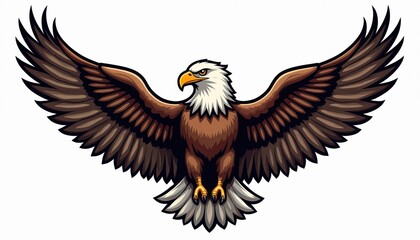 Illustration of eagle with wings spread wide, presented as gaming mascot logo. This American bald eagle emblem features detailed feathers, sharp gaze, suitable for sports teams or patriotic designs.