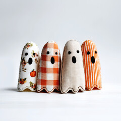 Four small handmade ghosts made of fabric on a light background. Handmade, rustic style. Charmingly creepy Halloween decoration. AI generated. Square