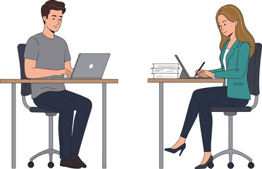 Modern workspace, office teamwork, productive environment, focused professionals, laptop usage, writing notes, business attire, collaboration, study session, creative desk setup