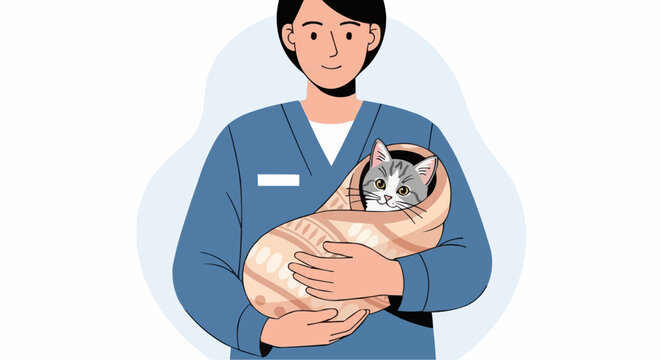 World animal day  october 4 veterinarian holding cute cat in blanket pet care animal doctor feline friend vet clinic healthcare service vector