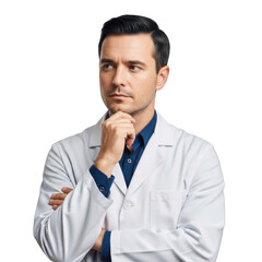 Thoughtful caucasian male medical professional wearing a white lab coat pondering a serious decision isolated on transparent background