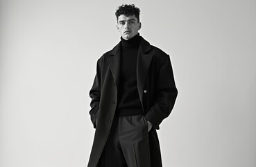 Monochrome portrait of confident young man wearing stylish black coat, turtleneck sweater, trousers. Model stands indoors with hands in pockets, exuding sophistication, modern elegance in studio shot.