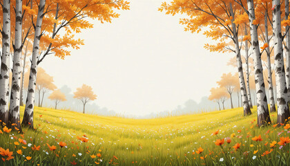 Cartoon-realistic autumn meadow framed by orange birch trees, glossy tissue paper effect, commercial layout.