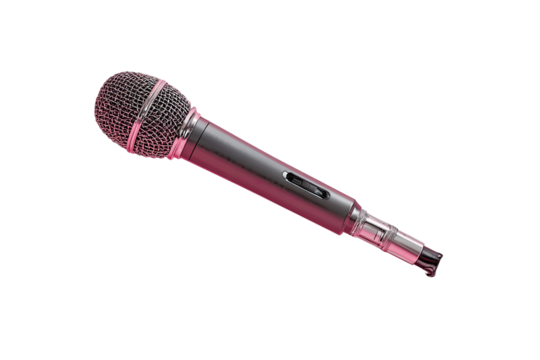 Pink microphone angled against black background.  Metallic finish.  Close-up