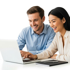 Smiling man and woman collaborating enthusiastically while working together on a laptop computer isolated on transparent background