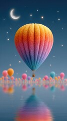 Obraz premium Colorful Hot Air Balloons Reflecting in Tranquil Waters Under Starry Night Sky