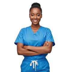 A smiling female healthcare professional wearing blue scrubs with arms crossed isolated on transparent background