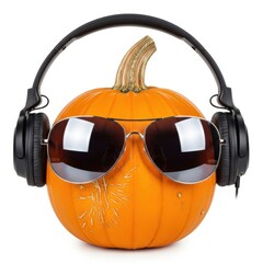 Cool pumpkin with sunglasses and headphones listening to music