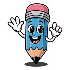 PrintCute Cartoon Pencil Mascot Character Waving with Happy Face, Vector Illustration Isolated on a White Background
