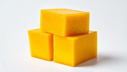 Stacked mango pieces with top half turned inside out into cubes on white background