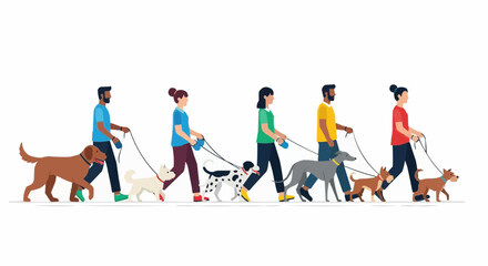 World animal day  october 4 dog walking service illustration of diverse people walking dogs on leashes pet care and companionship scene vector