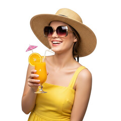 Smiling woman wearing a wide brim hat and sunglasses enjoys a refreshing orange drink isolated on transparent background
