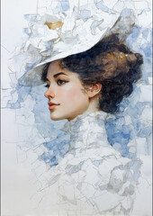 Elegant woman in a large white hat with a soft blue background exuding charm and grace, inspired by classic art styles and portraits