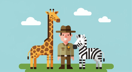 World animal day  october 4 cartoon safari adventure featuring giraffe zebra and park ranger illustration for children educational content vector