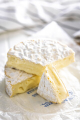 Camembert cheese on wrapping paper. French cheese with mold on the surface.