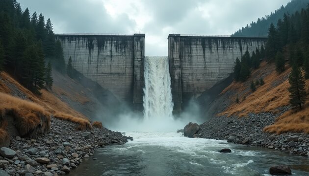 Massive concrete dam structure with powerful water cascade. Overcast sky, surrounding hillsides with dry grass, pine trees. Evidence of environmental decay, water erosion, exposed rebar suggests
