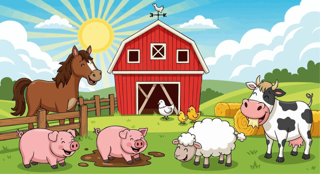 World animal day  october 4 cute farm animals cartoon illustration featuring horse pig cow sheep chicken and barn for kids learning 100 vector
