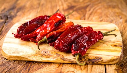 Six wrinkled, roasted red peppers lying on a light brown wooden board
