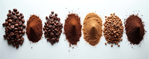 Multiple piles showcase coffee beans, various grinds, textural differences. Dark roasted beans contrast with lighter grinds, suggesting diverse blends, roasting profiles for espresso, latte, drip