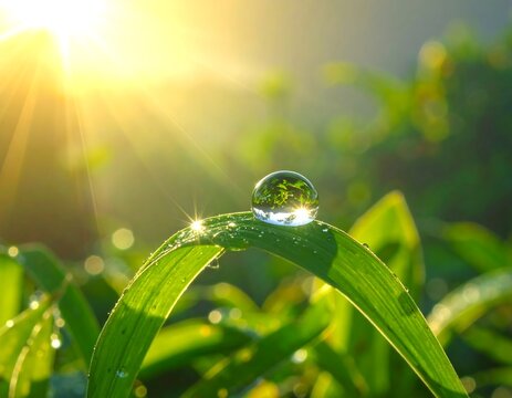 Dewdrop on a blade of grass bathed in morning sun