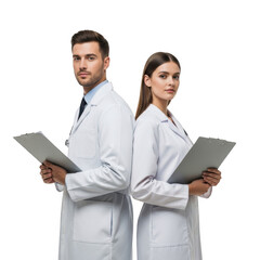 Two medical professionals wearing white lab coats holding clipboards isolated on transparent background