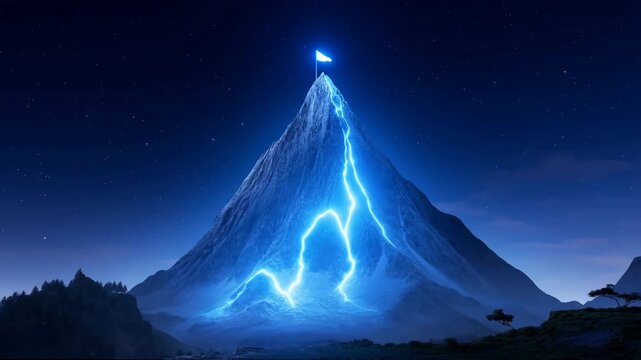 Lightning strikes a snow-capped mountain peak with a flag at the summit under a starry night sky
