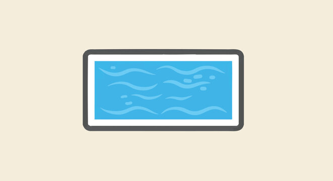 A simple, stylized illustration of a rectangular swimming pool filled with blue water and gentle waves.
