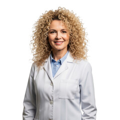 Smiling woman doctor wearing white lab coat with curly blonde hair isolated on transparent background