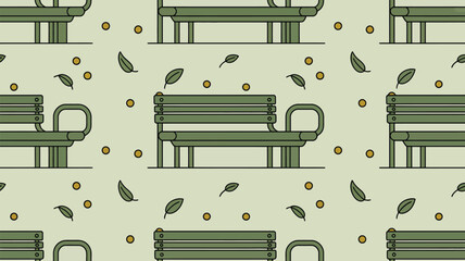 A repeating pattern of green park benches with leaves and small circles on a light background design