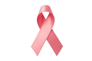 Isolated pink ribbon symbolizing breast cancer awareness on a plain surface in a studio shot 
