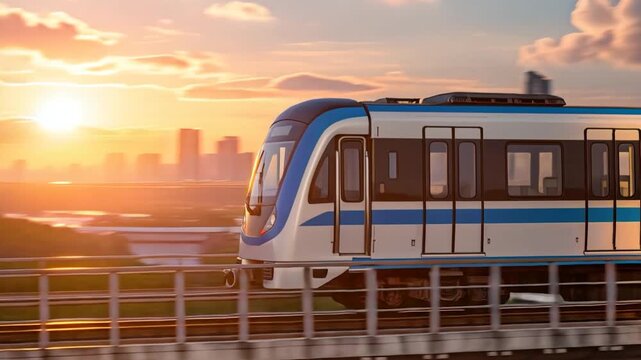 Modern metro train moving on elevated tracks at sunset with a city skyline in the background, symbolizing urban transportation and modern infrastructure.