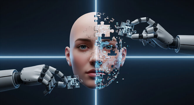 AI Humanoid Head with Robotic Hands Assembling Digital Mind, Futuristic Technology Concept - Powered by Adobe