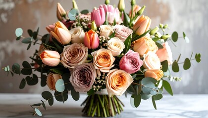 Elegant Bouquet of Peach Roses, Tulips, and Eucalyptus