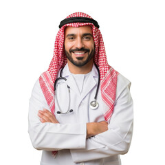 A smiling arab male doctor wearing traditional keffiyeh and white coat with stethoscope standing confidently isolated on transparent background