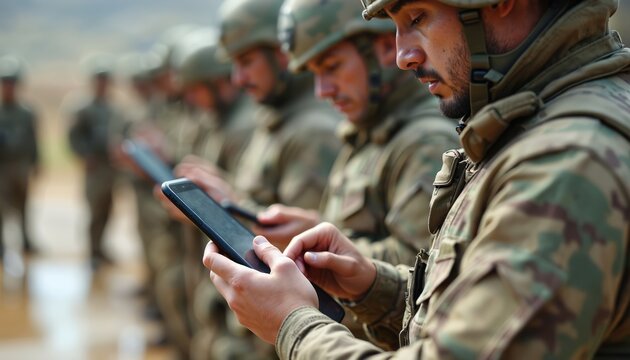 Soldiers in camouflage uniforms, helmets use tablets, smartphones in line. Military personnel focus on digital devices, suggesting modern warfare technology, communication. Scene highlights
