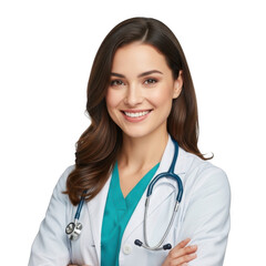 Smiling young female doctor wearing a white lab coat and teal scrubs with a stethoscope isolated on transparent background