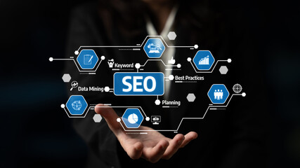 This stock photo showcases a hand presenting futuristic SEO elements, emphasizing digital marketing strategies, data mining, and effective planning for business growth. Tessel