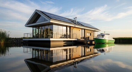 Fototapeta premium Contemporary floating home with solar panels and a small boat reflecting in the still water