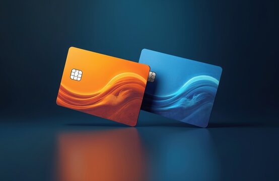 Two credit cards featuring vibrant blue, orange designs with swirling patterns. Cards embedded chip technology, suggesting modern financial transactions. Ideal for concepts of finance, payment,