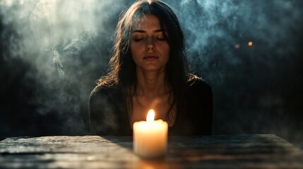 Medium in Trance During Séance,  Conceptual Series, spiritual retreat campaigns, conceptual editorial illustration, advertising for meditation apps, mystical branding, 