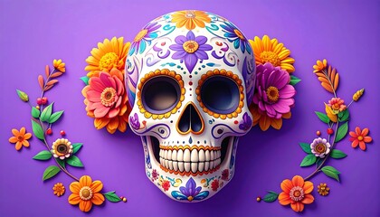 Colorful skull adorned with flowers