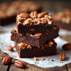 Rich chocolate brownies stacked high, generously topped with crunchy pecans, walnuts. Indulgent dessert, perfect for coffee breaks as sweet treat. Baked to perfection, fudgy delights offer delicious