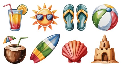 Collection of summer vacation icons, including a cocktail, sun, flipflops, beach ball, coconut drink, surfboard, seashell, and sandcastle, isolated on white background