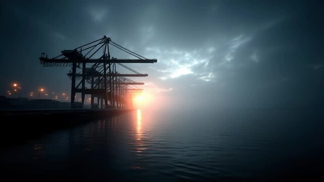 Port Crane Silhouette Against Foggy Sunrise