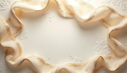 Elegant ivory and gold background features flowing sheer ribbon with ornate gold trim. Delicate embossed floral patterns on backdrop add sophistication and dreamy feminine flair.