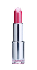Obraz premium Close-up of a lipstick, pinkish-red hue, in a metallic silver tube