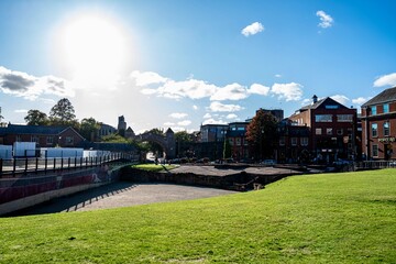 Chester, England, United Kingdom - September 21, 2025
- Downtown Chester in the Cheshire region of England as seen from the area near the city walls and the Roman Ruins.  The area features Roman Ruins